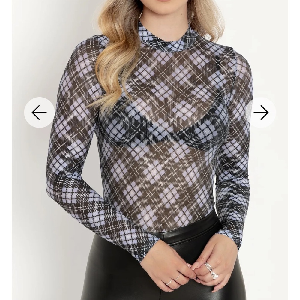 TARTAN HEATHER SHEER HIGH NECK LONG SLEEVE TOP